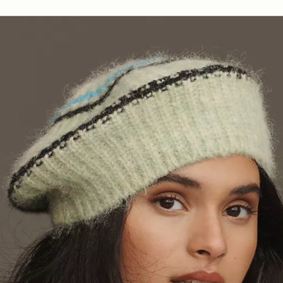? By Anthropologie Green Wool Blend Graphic Knit Beret NWT